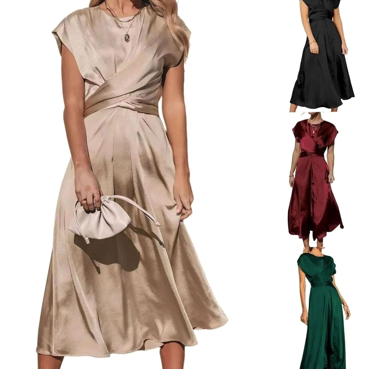 Women's Satin Wrap-Front Cap-Sleeve Midi Dress
