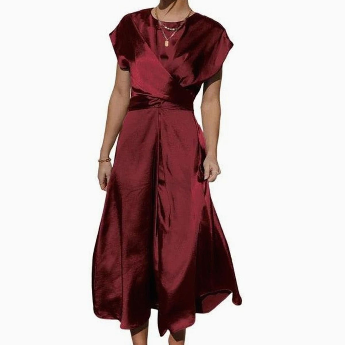 Women's Satin Wrap-Front Cap-Sleeve Midi Dress - Burgundy