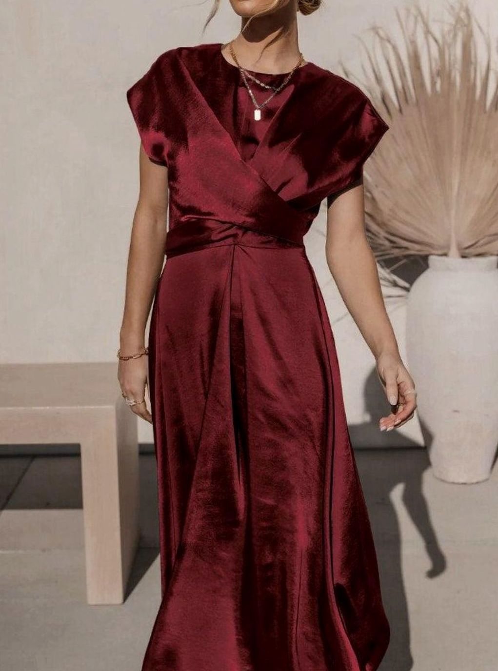 Women's Satin Wrap-Front Cap-Sleeve Midi Dress