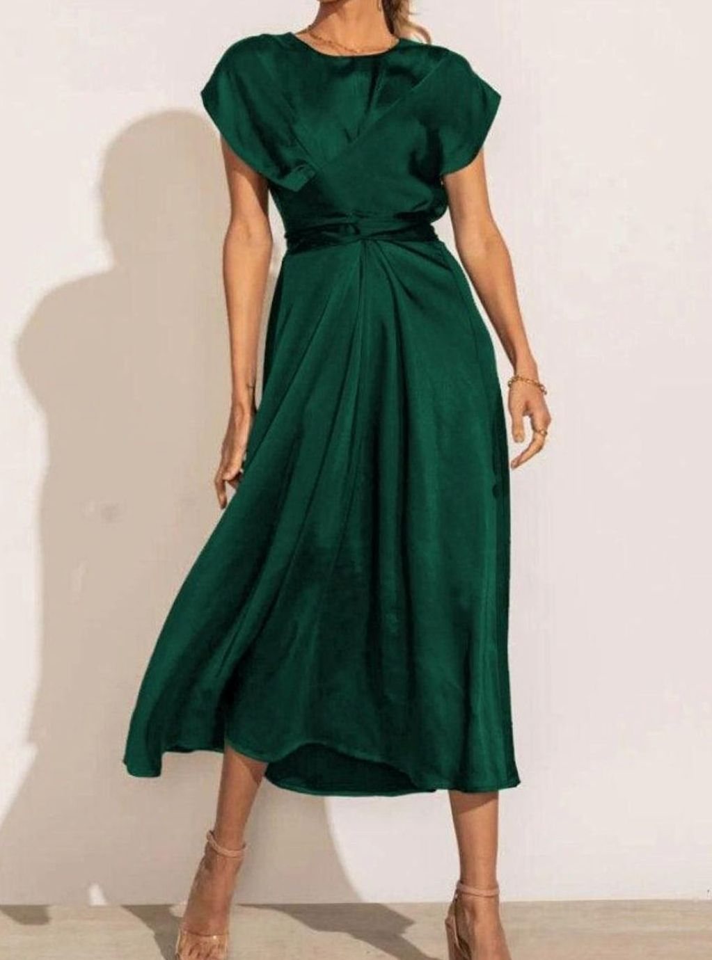 Women's Satin Wrap-Front Cap-Sleeve Midi Dress