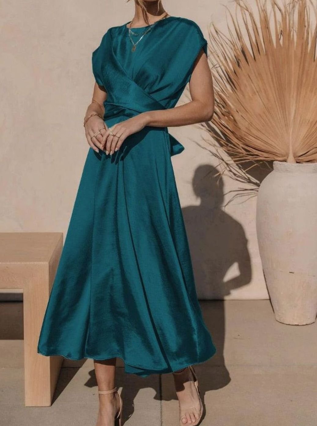 Women's Satin Wrap-Front Cap-Sleeve Midi Dress - Lake Blue