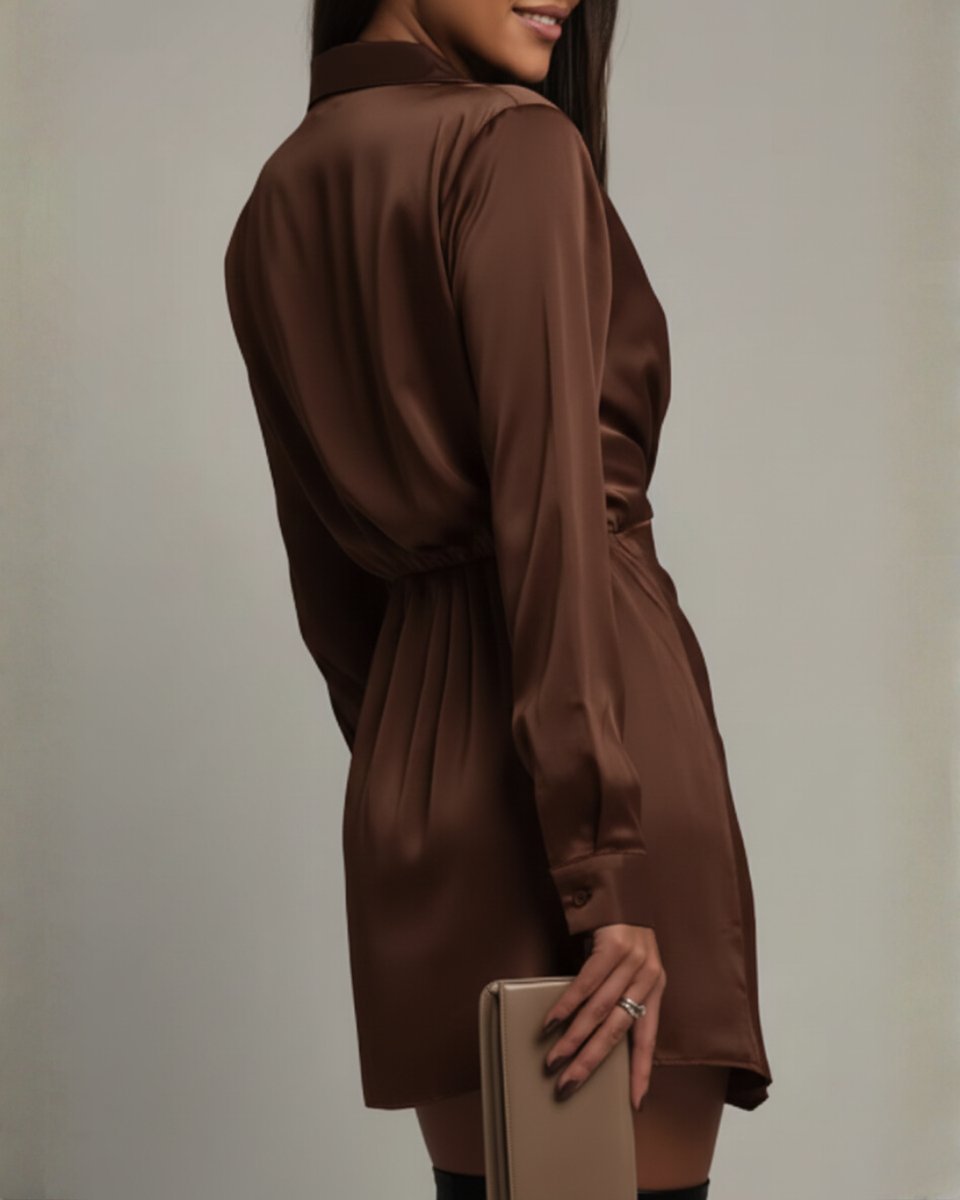 Women's Satin Wrap Mini Summer Dress Jumpsuit Long Sleeve Collared