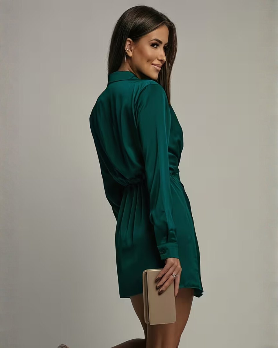 Women's Satin Wrap Mini Summer Dress Jumpsuit Long Sleeve Collared