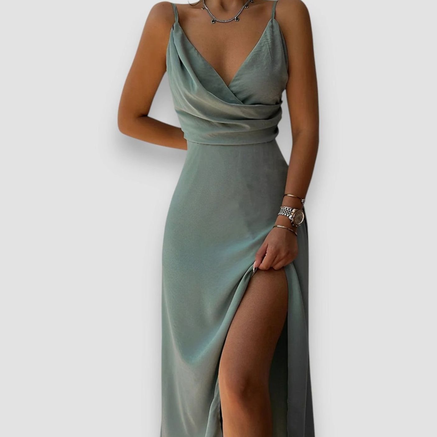 Women's Satin Wrap V-Neck Split Summer Maxi Dress - Mint