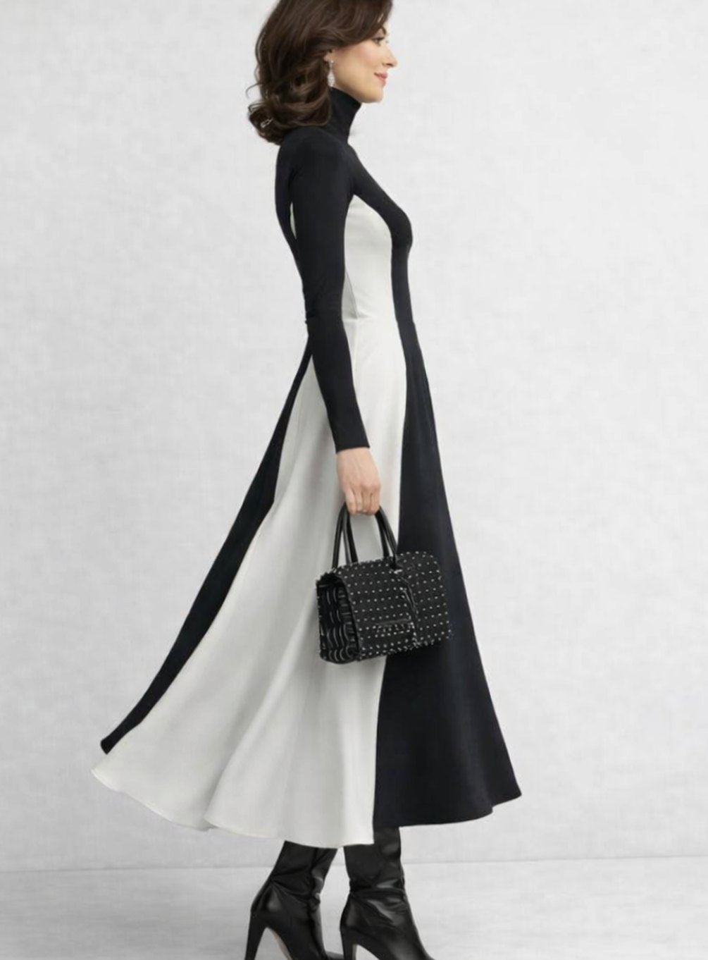 Women's Sculpted Contrast-Panel Turtleneck Flared Maxi Dress