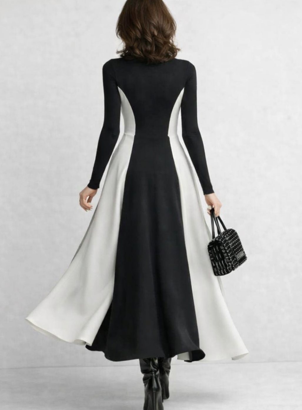 Women's Sculpted Contrast-Panel Turtleneck Flared Maxi Dress