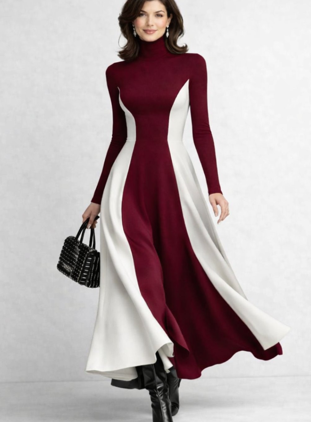 Women's Sculpted Contrast-Panel Turtleneck Flared Maxi Dress - Burgundy