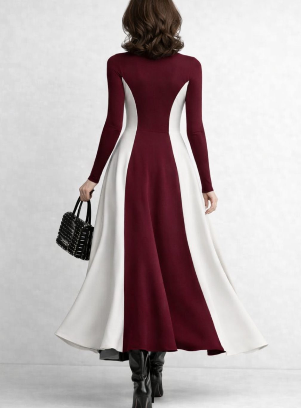 Women's Sculpted Contrast-Panel Turtleneck Flared Maxi Dress