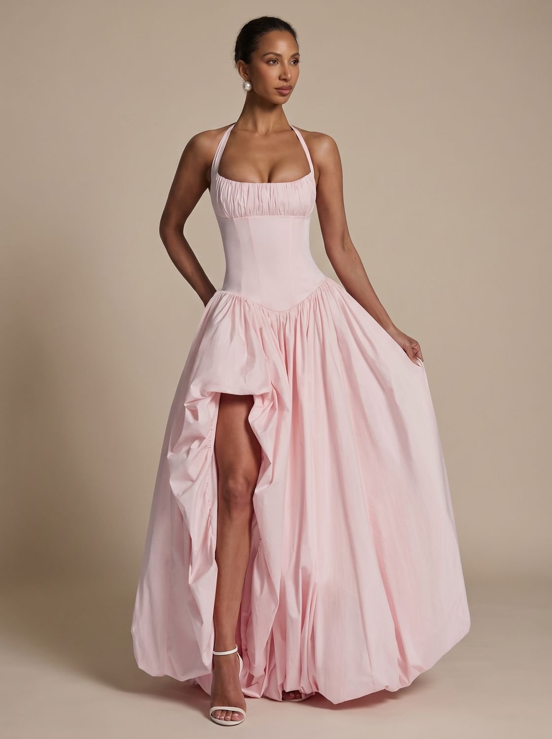 Women's Sculpted Halter Maxi Dress Thigh-High Side Split Voluminous Skirt - Pink