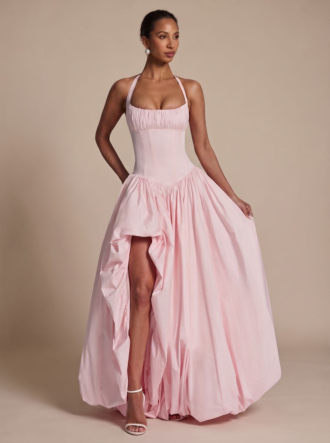 Women's Sculpted Halter Maxi Dress Thigh-High Side Split Voluminous Skirt