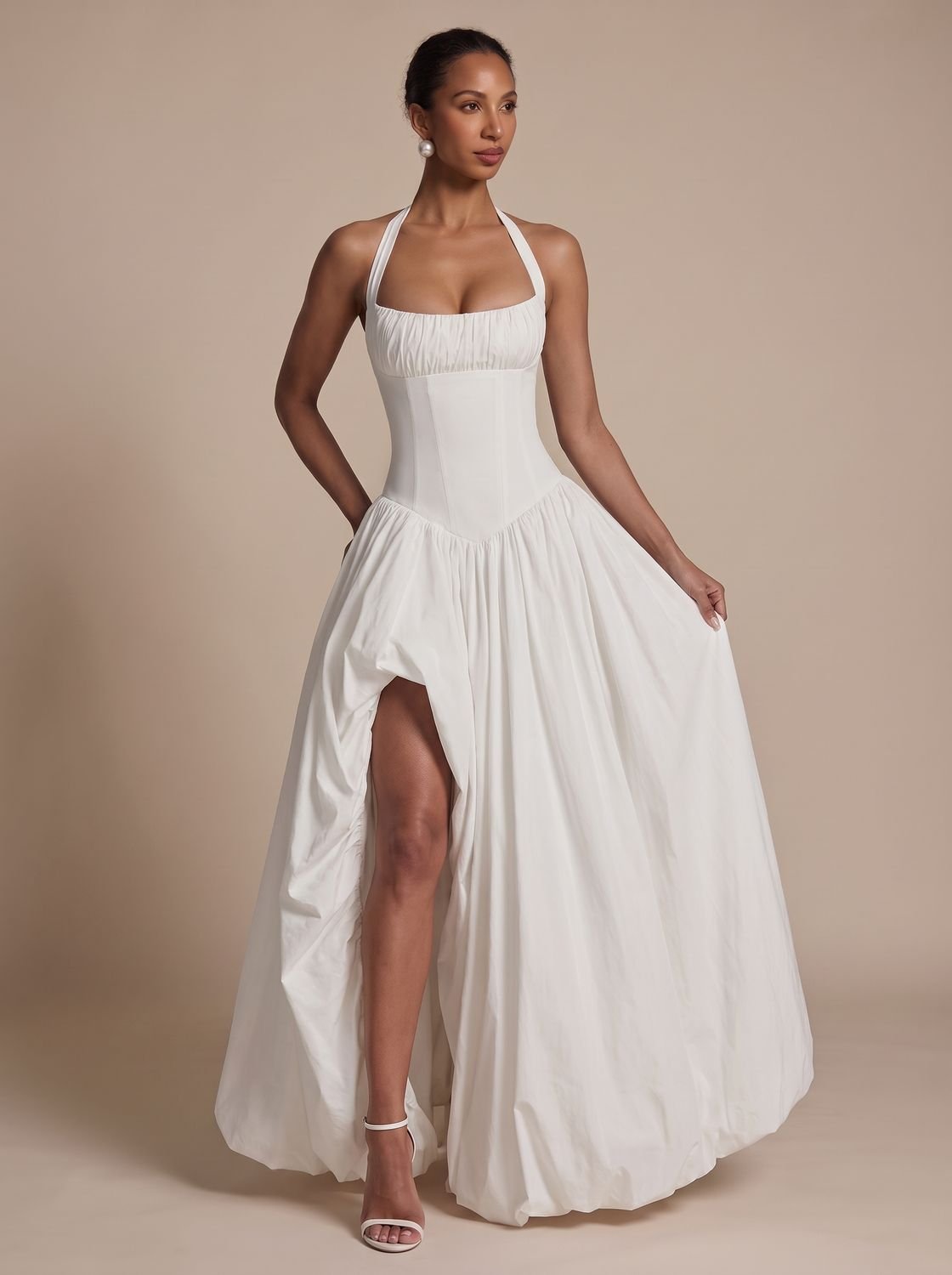 Women's Sculpted Halter Maxi Dress Thigh-High Side Split Voluminous Skirt - White