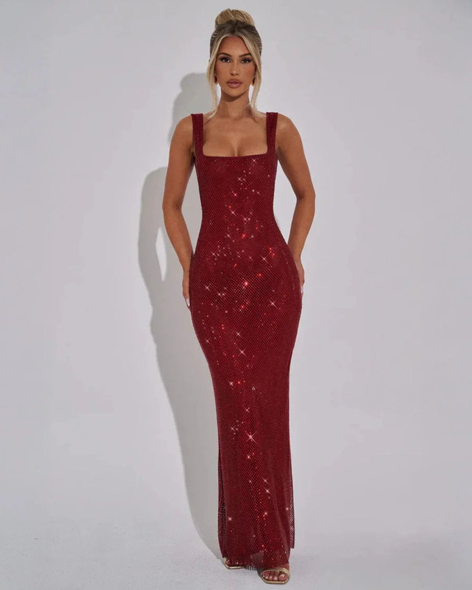 Women's Sequin Bodycon Maxi Summer Dress Jumpsuit Sleeveless Formal Gown - Red