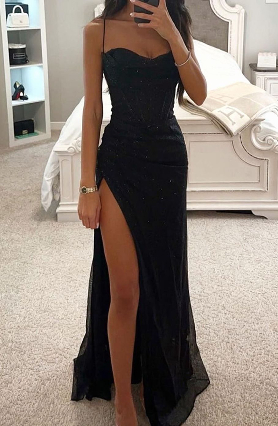 Women's Sequin Corset Maxi Gown High-Slit Glitter Dress - Black