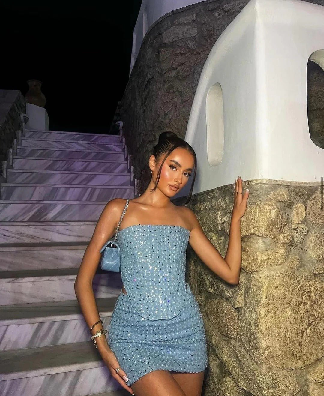 Women's Sequin Denim Strapless Two-Piece Set