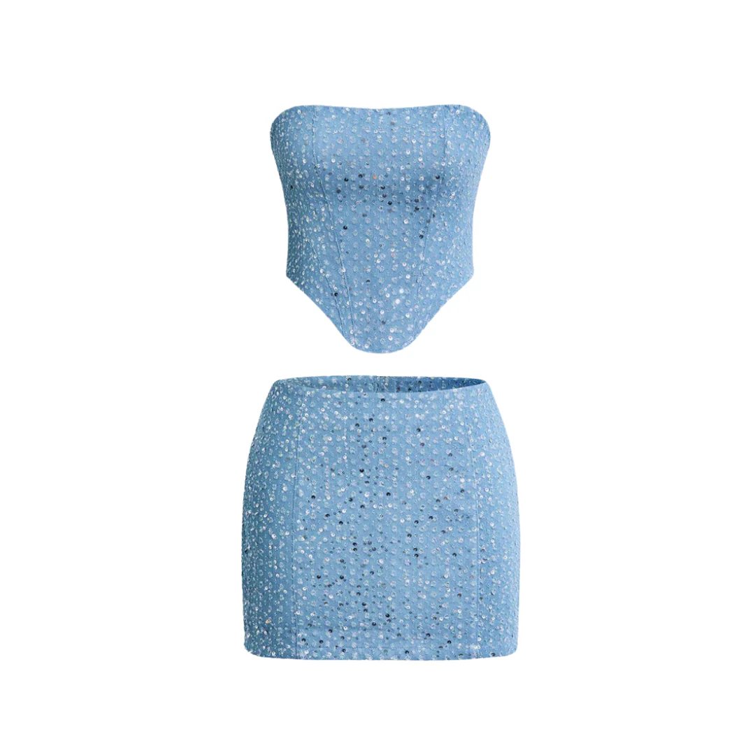 Women's Sequin Denim Strapless Two-Piece Set