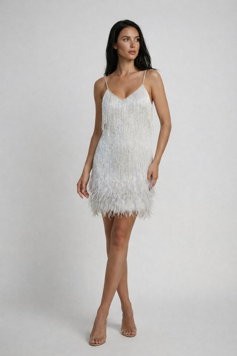 Women's Sequin Feather-Trim Mini Summer Dress Jumpsuit Party Slip