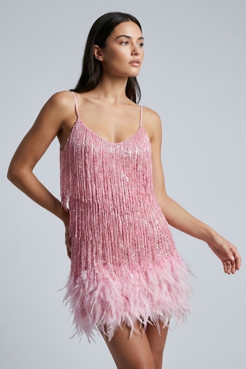 Women's Sequin Feather-Trim Mini Summer Dress Jumpsuit Party Slip - Pink