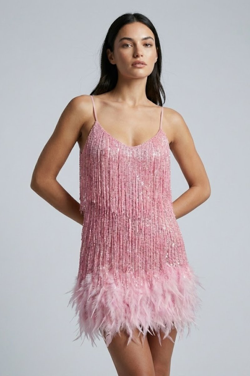 Women's Sequin Feather-Trim Mini Summer Dress Jumpsuit Party Slip