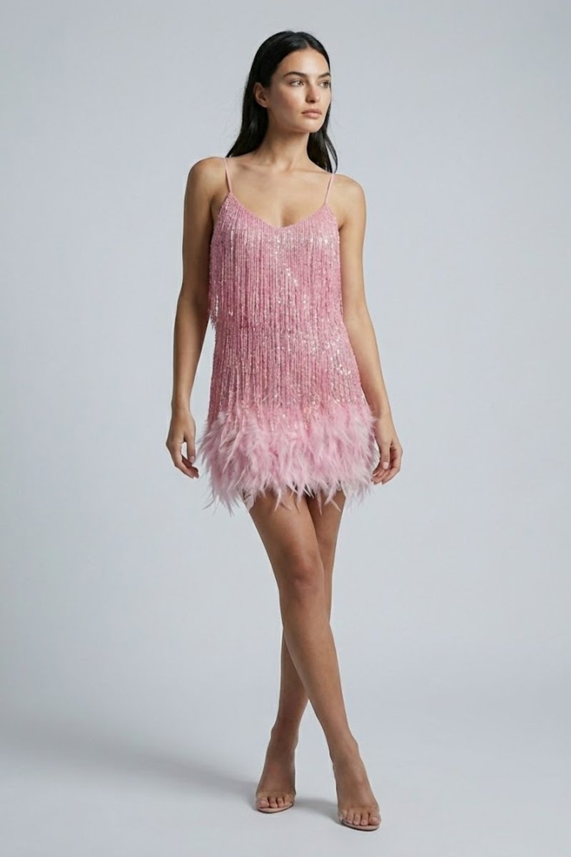 Women's Sequin Feather-Trim Mini Summer Dress Jumpsuit Party Slip