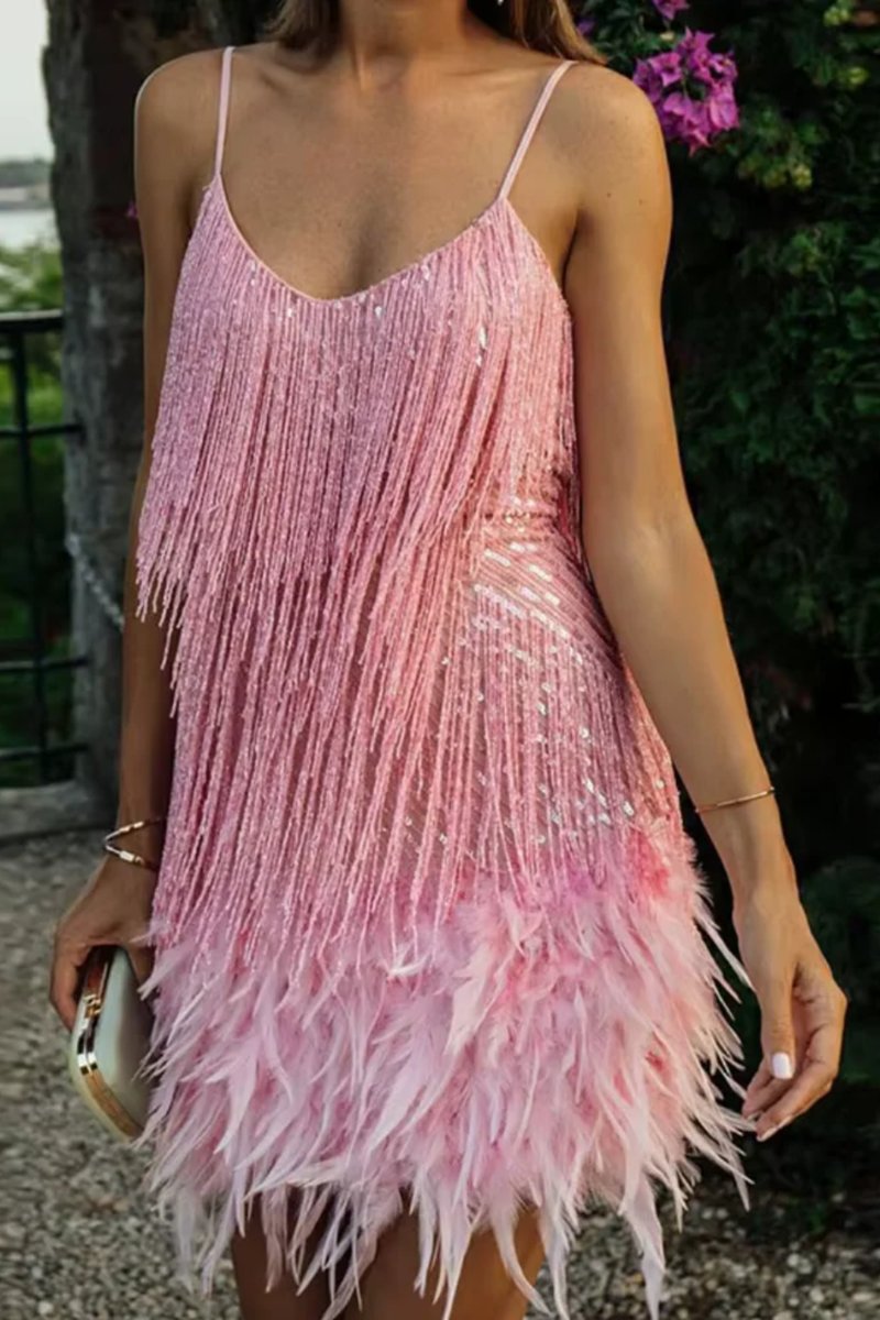 Women's Sequin Feather-Trim Mini Summer Dress Jumpsuit Party Slip