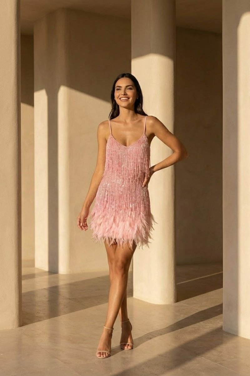 Women's Sequin Feather-Trim Mini Summer Dress Jumpsuit Party Slip