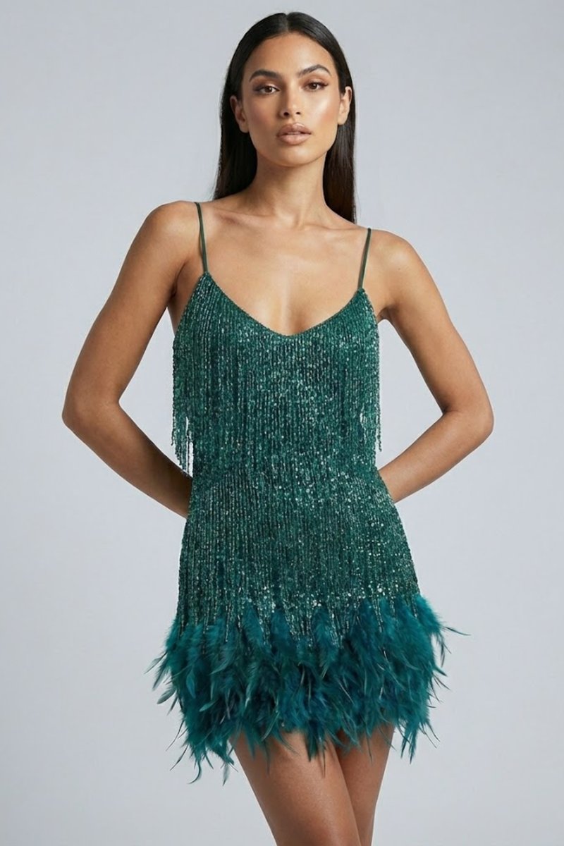Women's Sequin Feather-Trim Mini Summer Dress Jumpsuit Party Slip