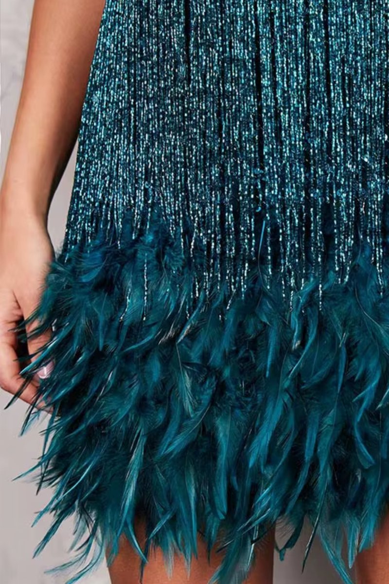 Women's Sequin Feather-Trim Mini Summer Dress Jumpsuit Party Slip