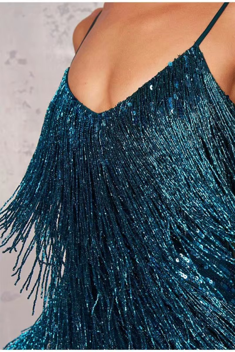 Women's Sequin Feather-Trim Mini Summer Dress Jumpsuit Party Slip