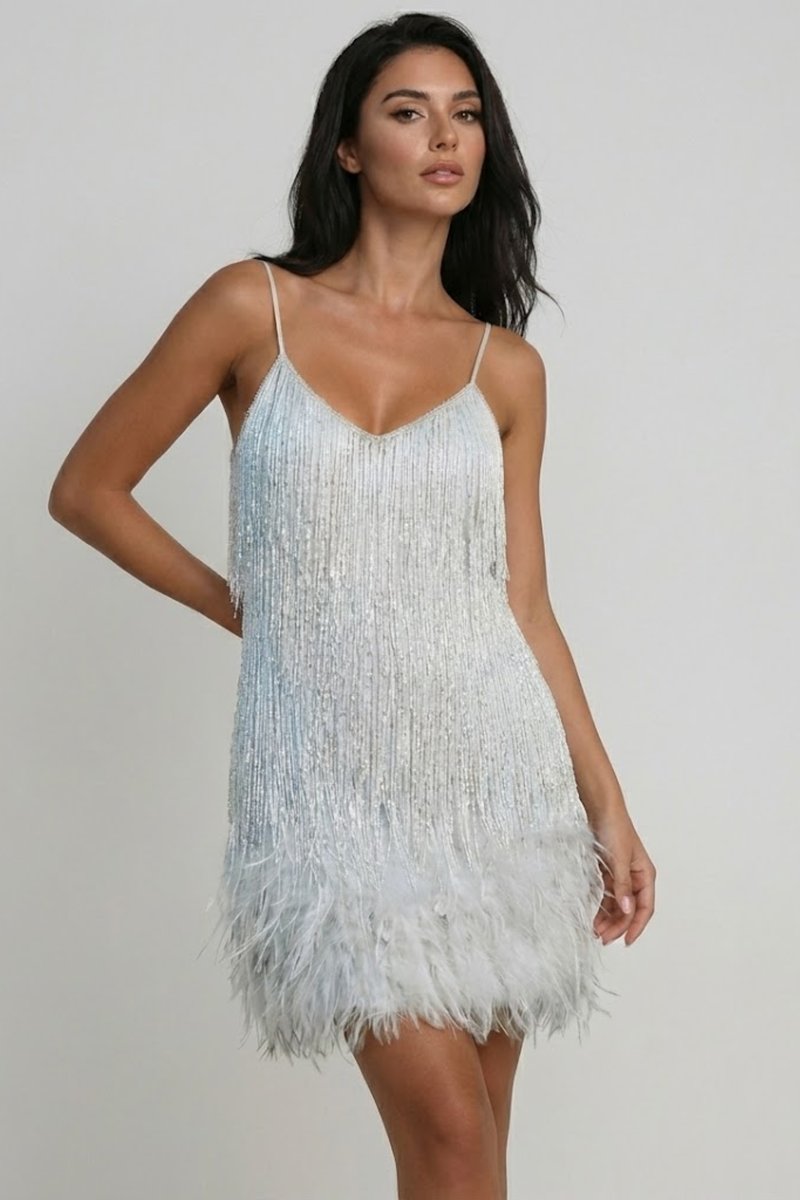 Women's Sequin Feather-Trim Mini Summer Dress Jumpsuit Party Slip - White