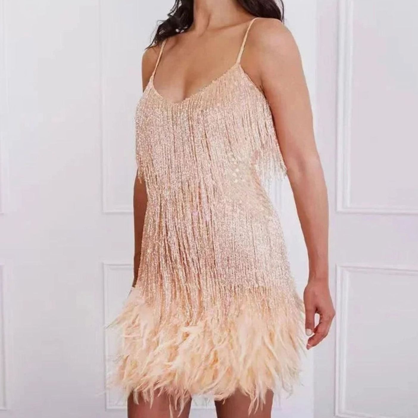 Women's Sequin Feather-Trim Spaghetti-Strap Formal Mini Dress
