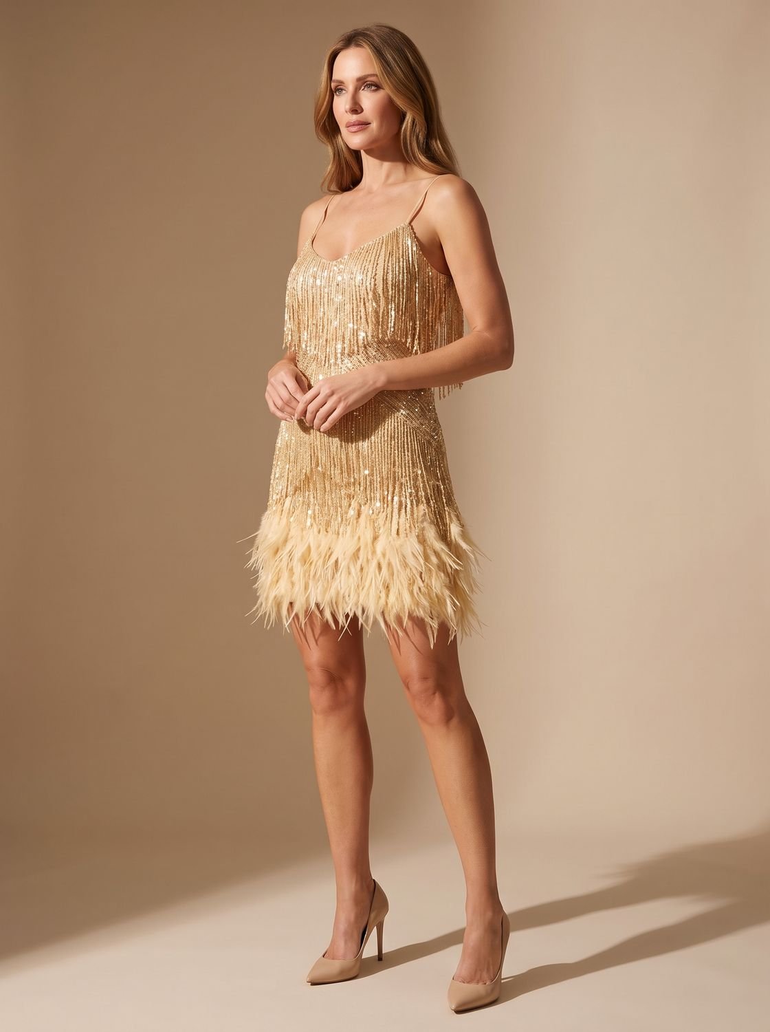 Women's Sequin Fringe Feather-Trim Spaghetti-Strap Cocktail Dress - Gold