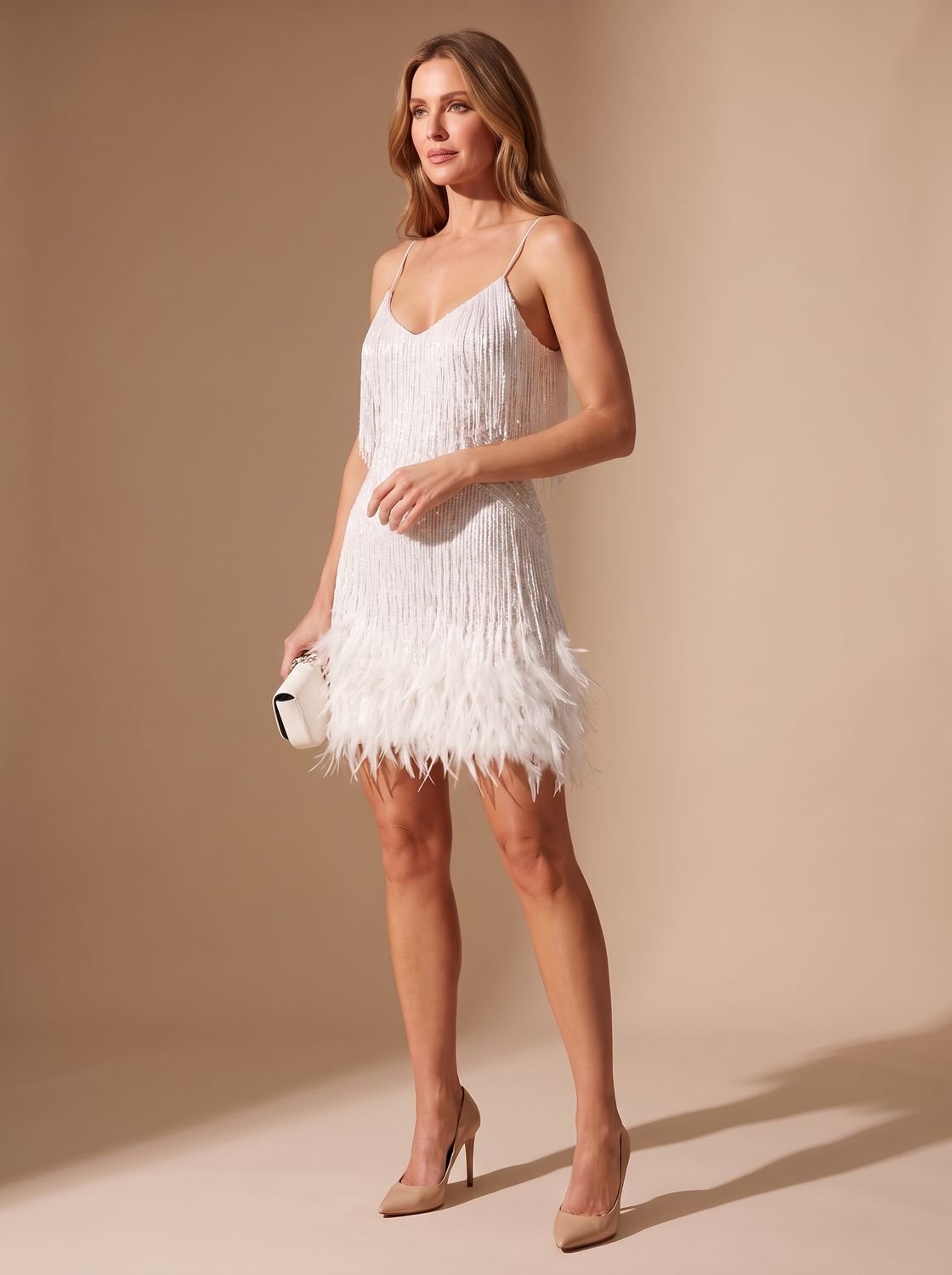 Women's Sequin Fringe Feather-Trim Spaghetti-Strap Cocktail Dress - White