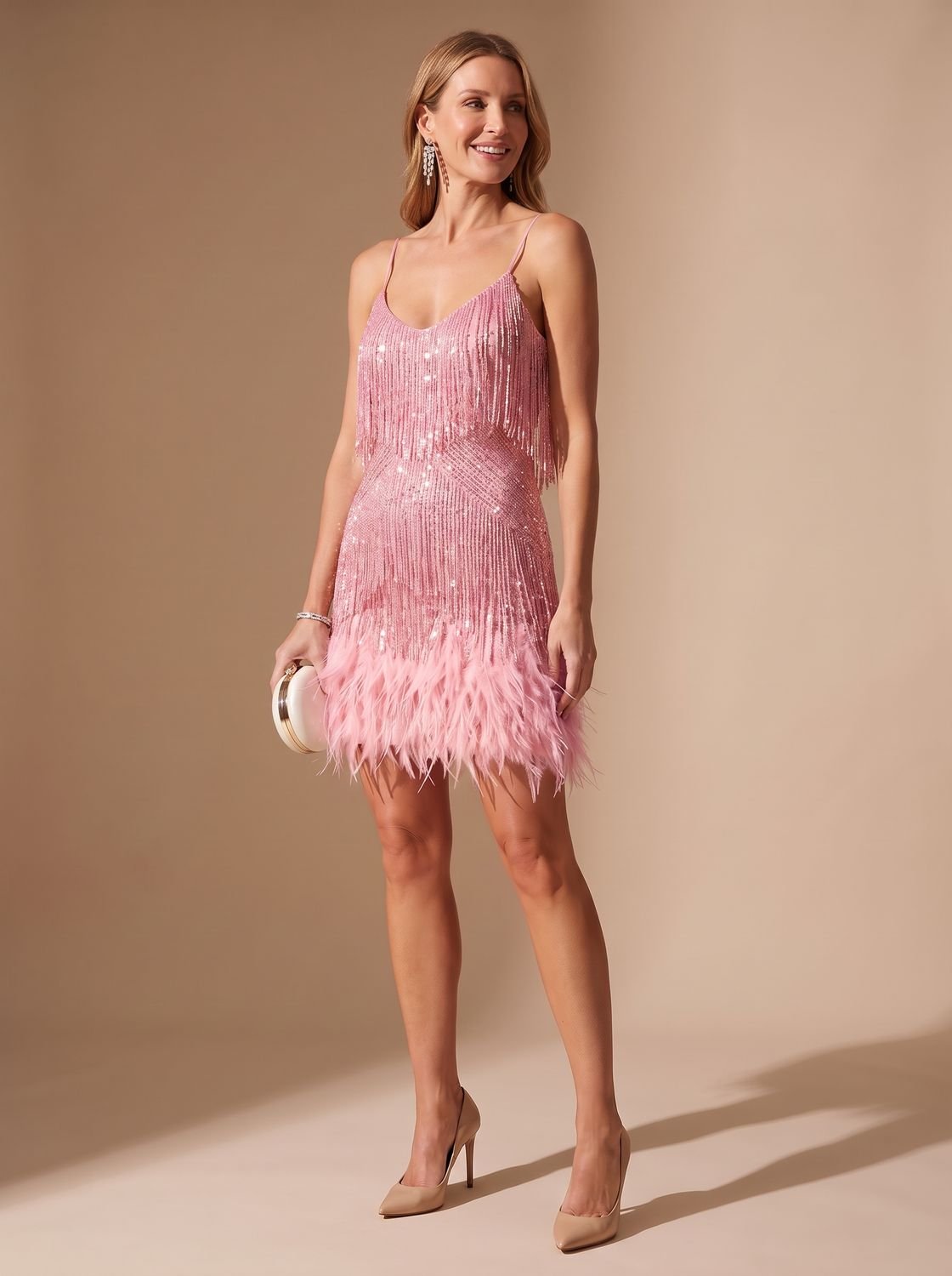 Women's Sequin Fringe Feather-Trim Spaghetti-Strap Cocktail Dress - Light Pink