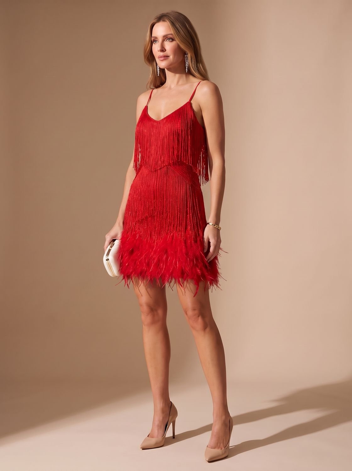 Women's Sequin Fringe Feather-Trim Spaghetti-Strap Cocktail Dress - Red