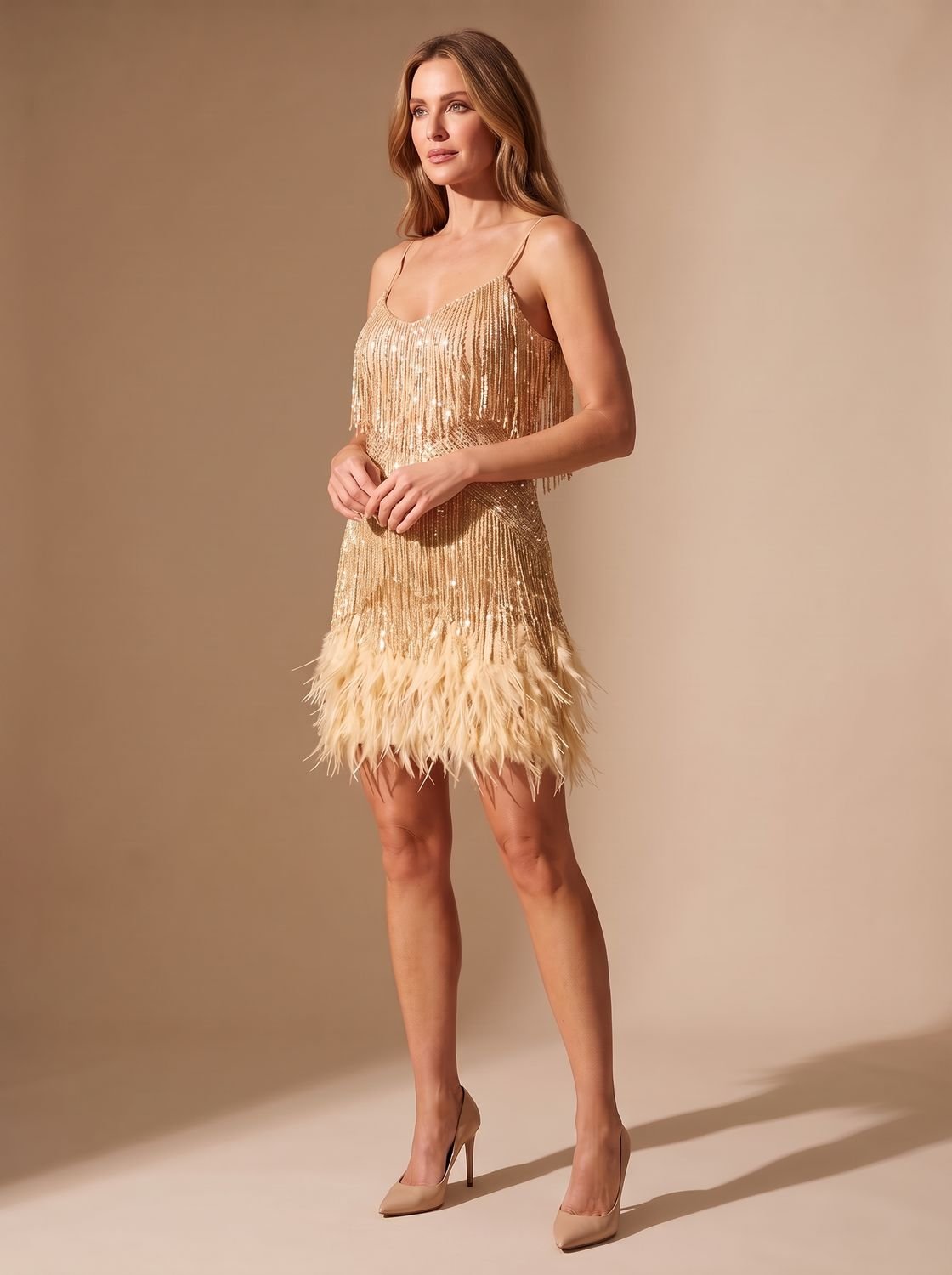 Women's Sequin Fringe Feather-Trim Spaghetti-Strap Cocktail Dress - Beige