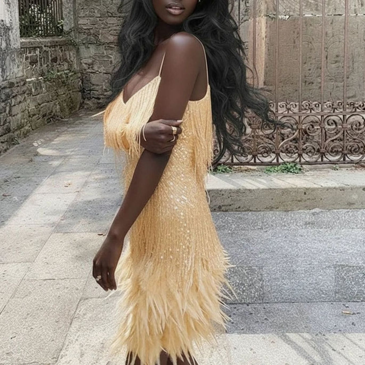 Women's Sequin Fringe Feather-Trim V-Neck Mini Dress II - Gold