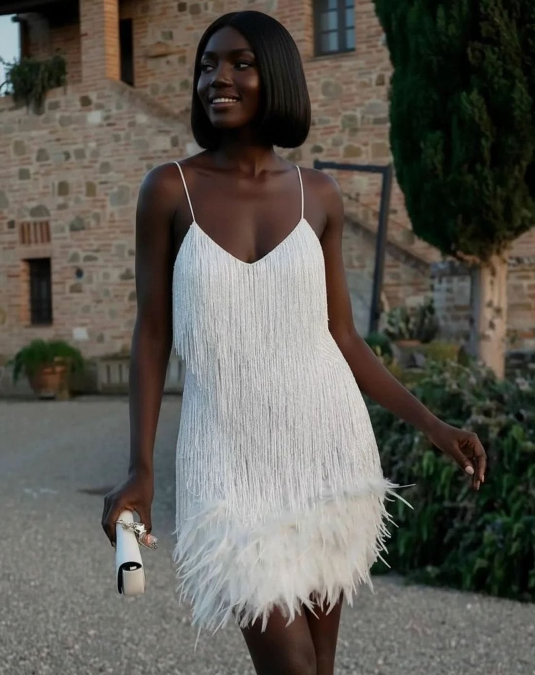 Women's Sequin Fringe Feather-Trim V-Neck Mini Dress II - White