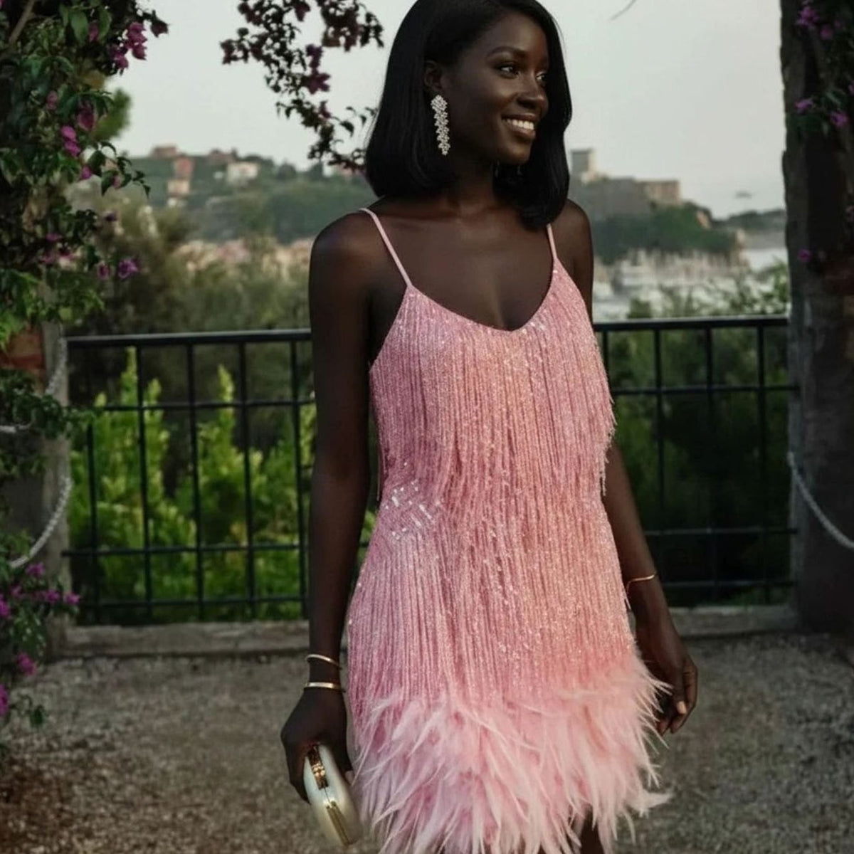Women's Sequin Fringe Feather-Trim V-Neck Mini Dress II - Light Pink