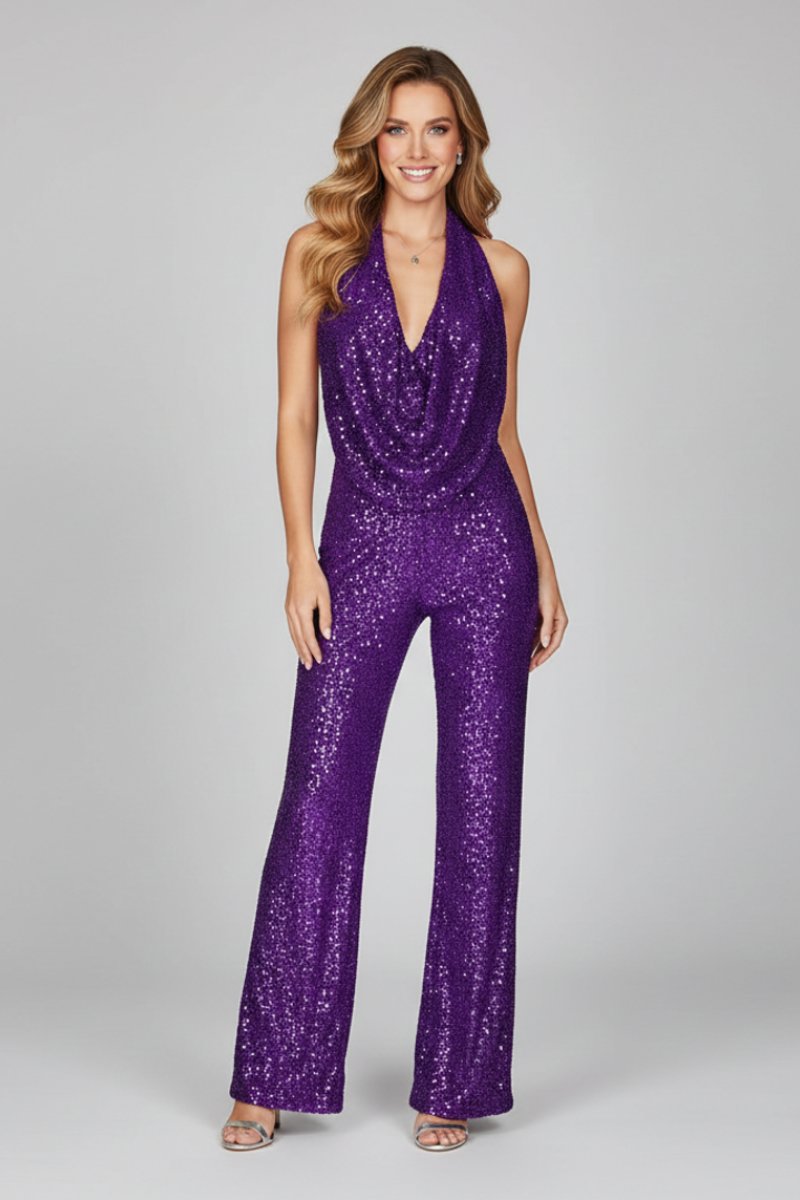 Women's Sequin Halter-Neck Cowl Wide Leg Pants Jumpsuit - Purple