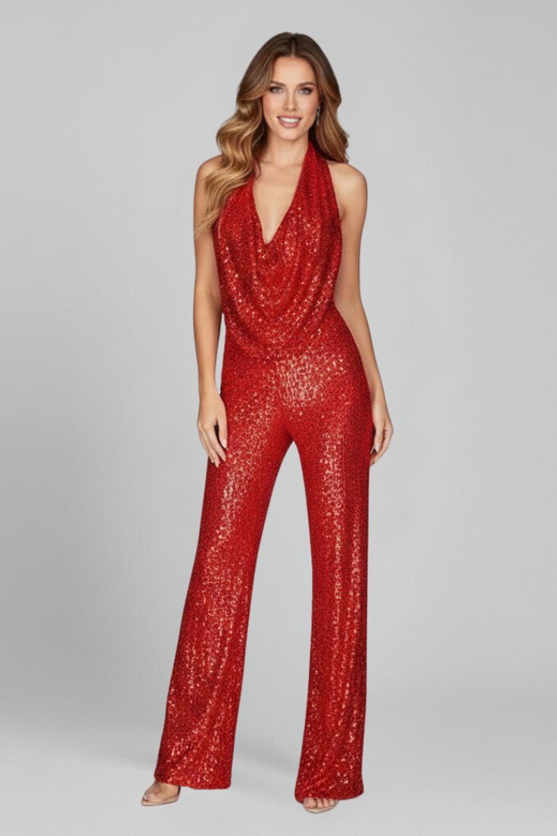 Women's Sequin Halter-Neck Cowl Wide Leg Pants Jumpsuit - Red