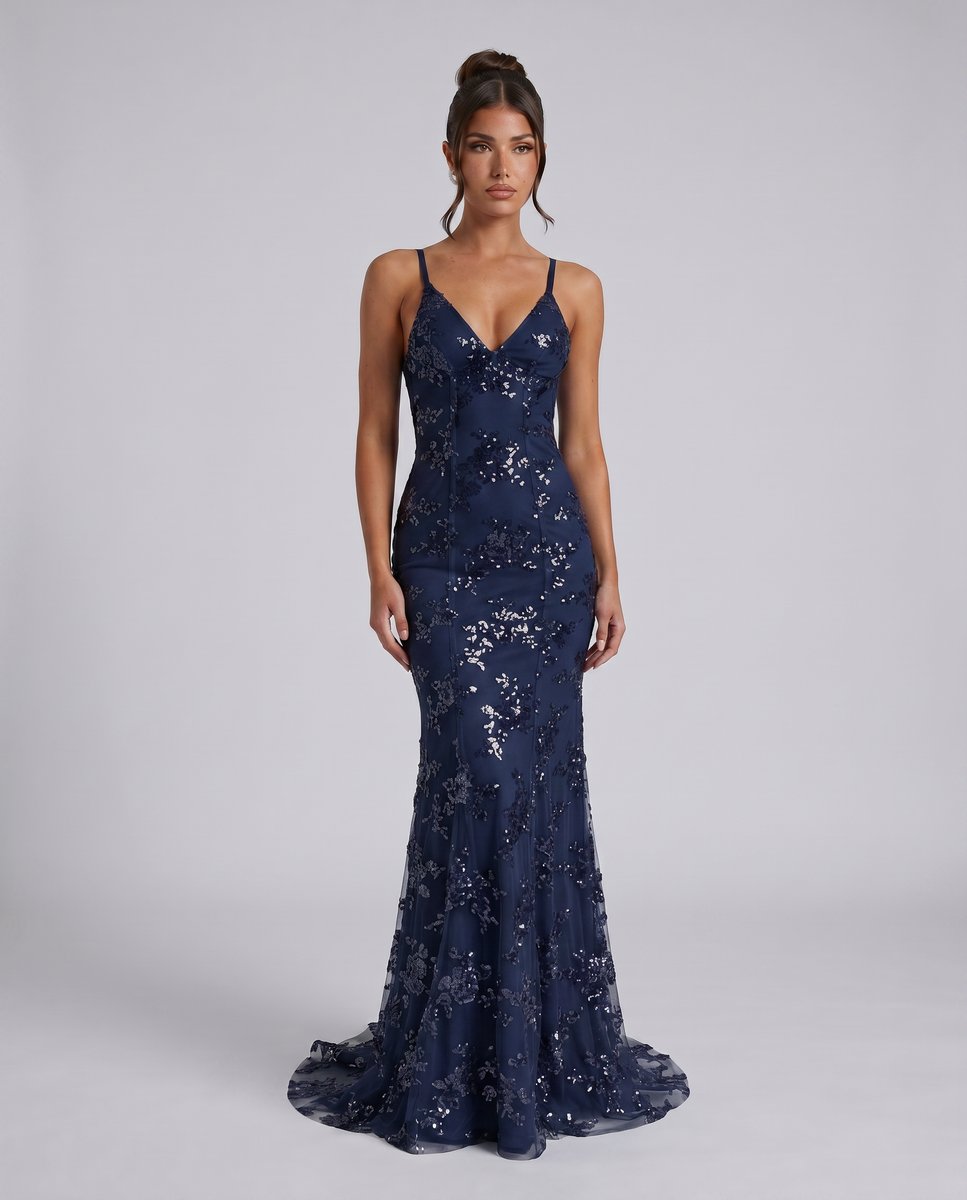 Women's Sequin Mermaid Maxi Summer Dress Jumpsuit Formal Gown - Navy