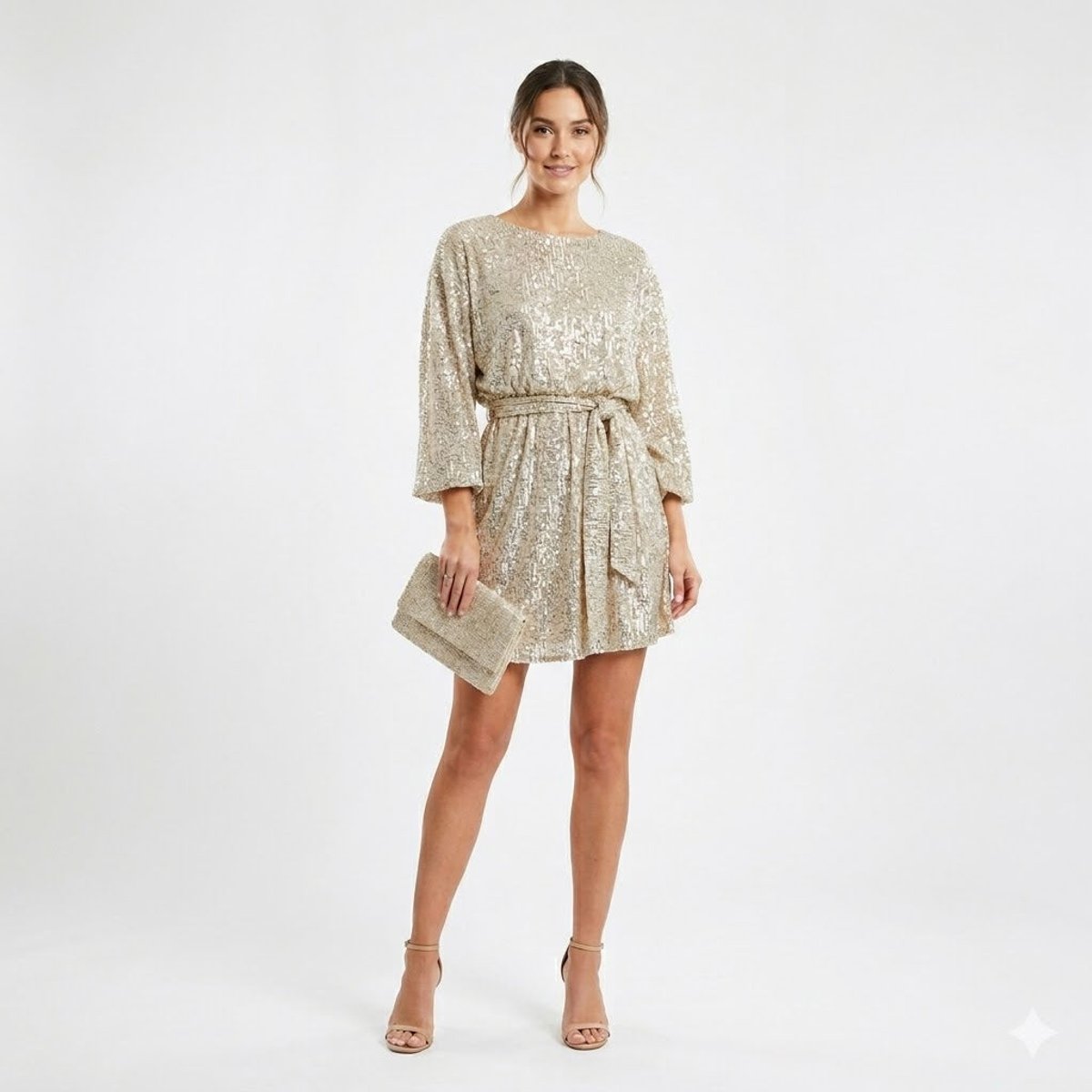 Women's Sequin Mini Summer Dress Jumpsuit Three-Quarter Sleeve Waist Tie - Gold