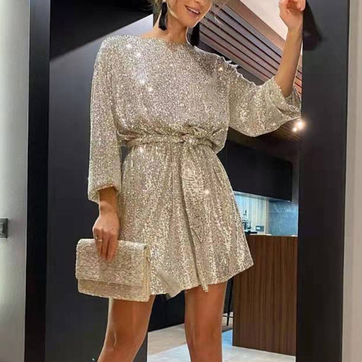 Women's Sequin Mini Summer Dress Jumpsuit Three-Quarter Sleeve Waist Tie