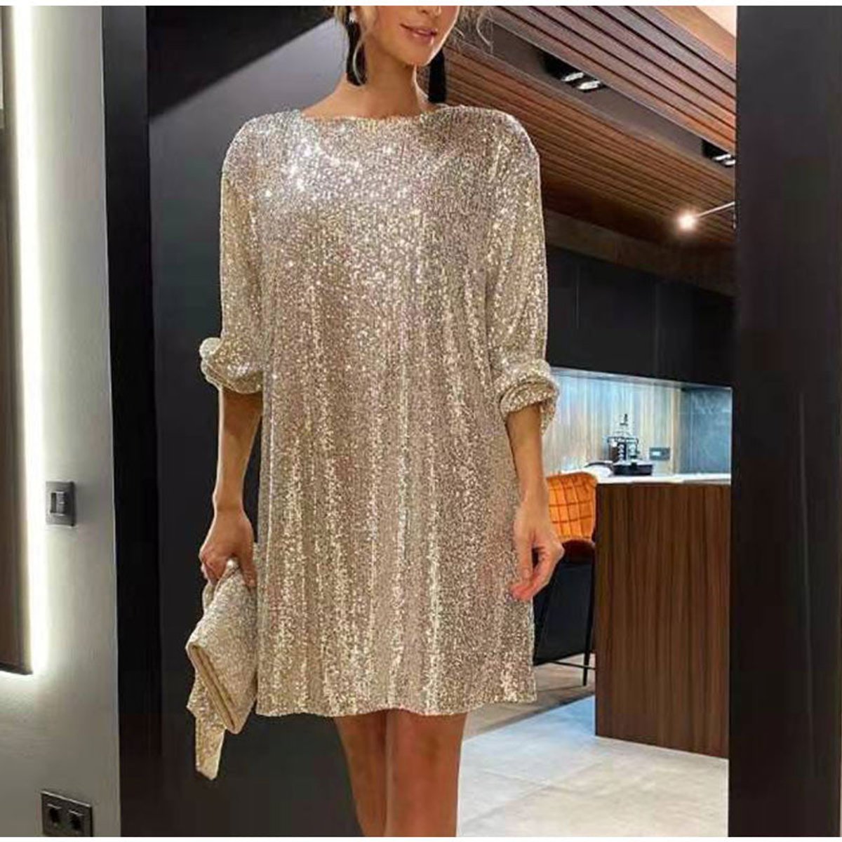 Women's Sequin Mini Summer Dress Jumpsuit Three-Quarter Sleeve Waist Tie