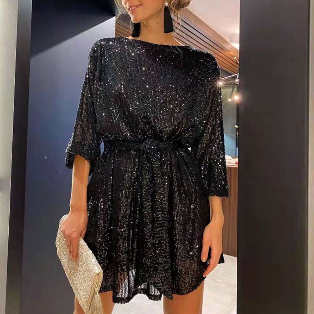 Women's Sequin Mini Summer Dress Jumpsuit Three-Quarter Sleeve Waist Tie - Black