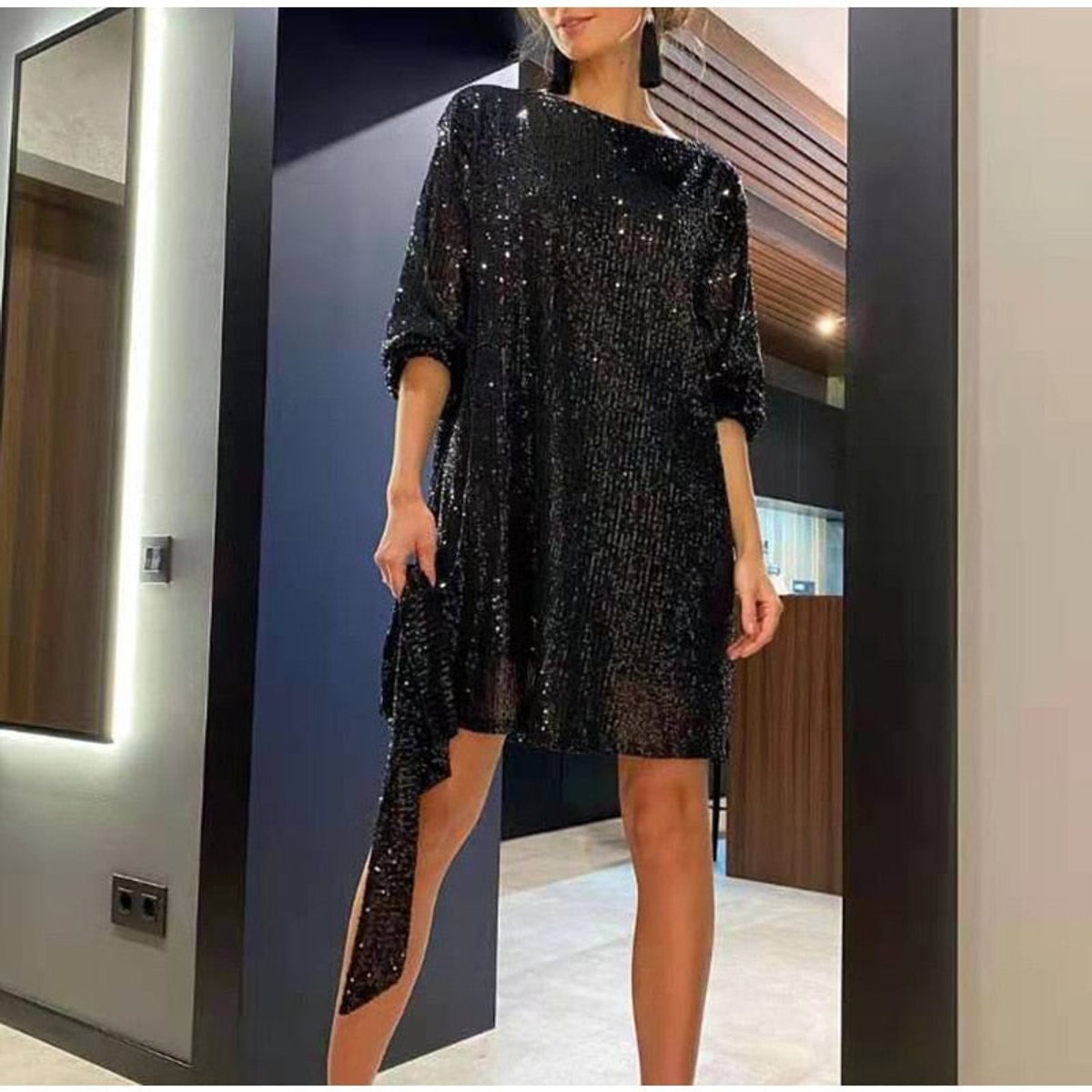 Women's Sequin Mini Summer Dress Jumpsuit Three-Quarter Sleeve Waist Tie