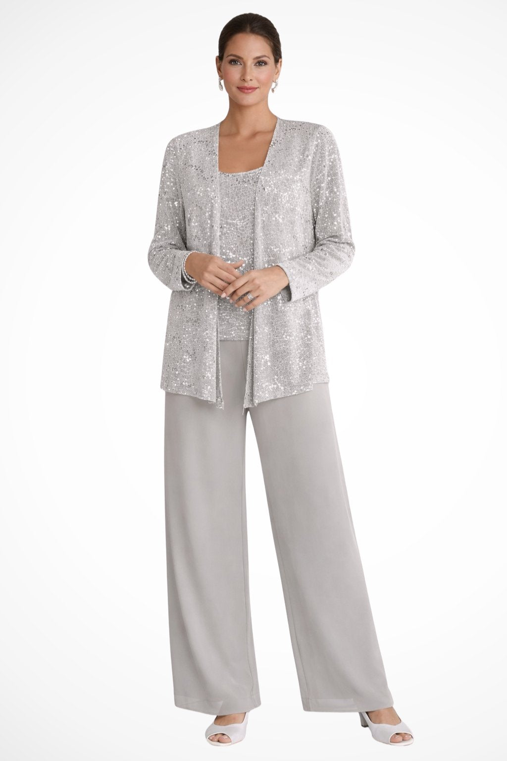 Women's Sequin Three-Piece Wide-Leg Pant Set - Grey