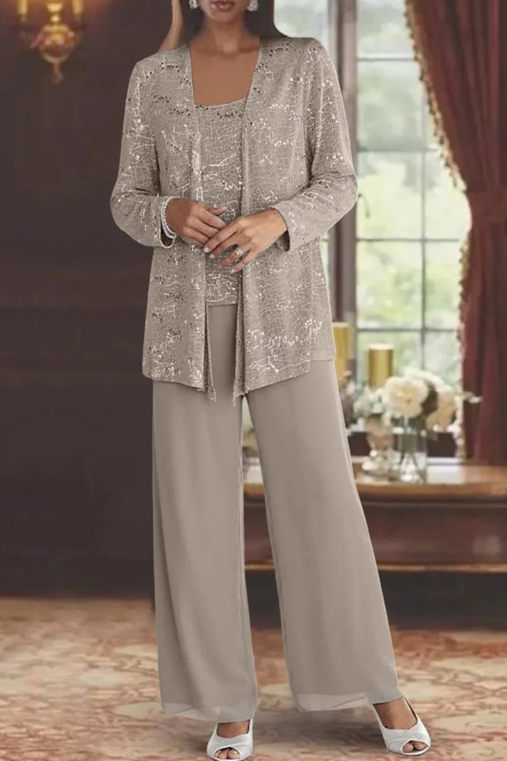 Women's Sequin Three-Piece Wide-Leg Pant Set