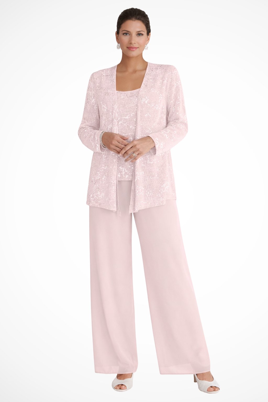 Women's Sequin Three-Piece Wide-Leg Pant Set - Light Pink