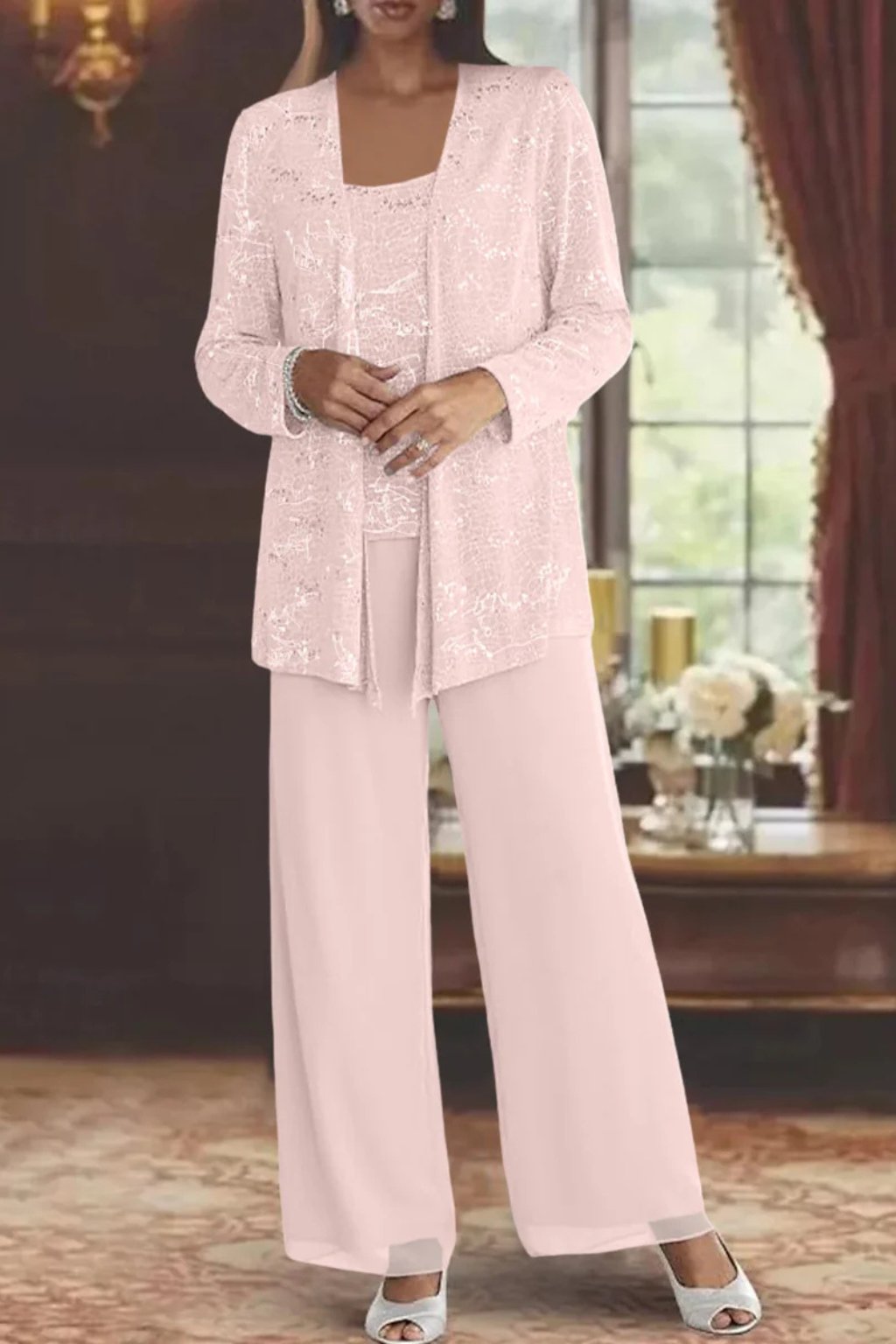Women's Sequin Three-Piece Wide-Leg Pant Set
